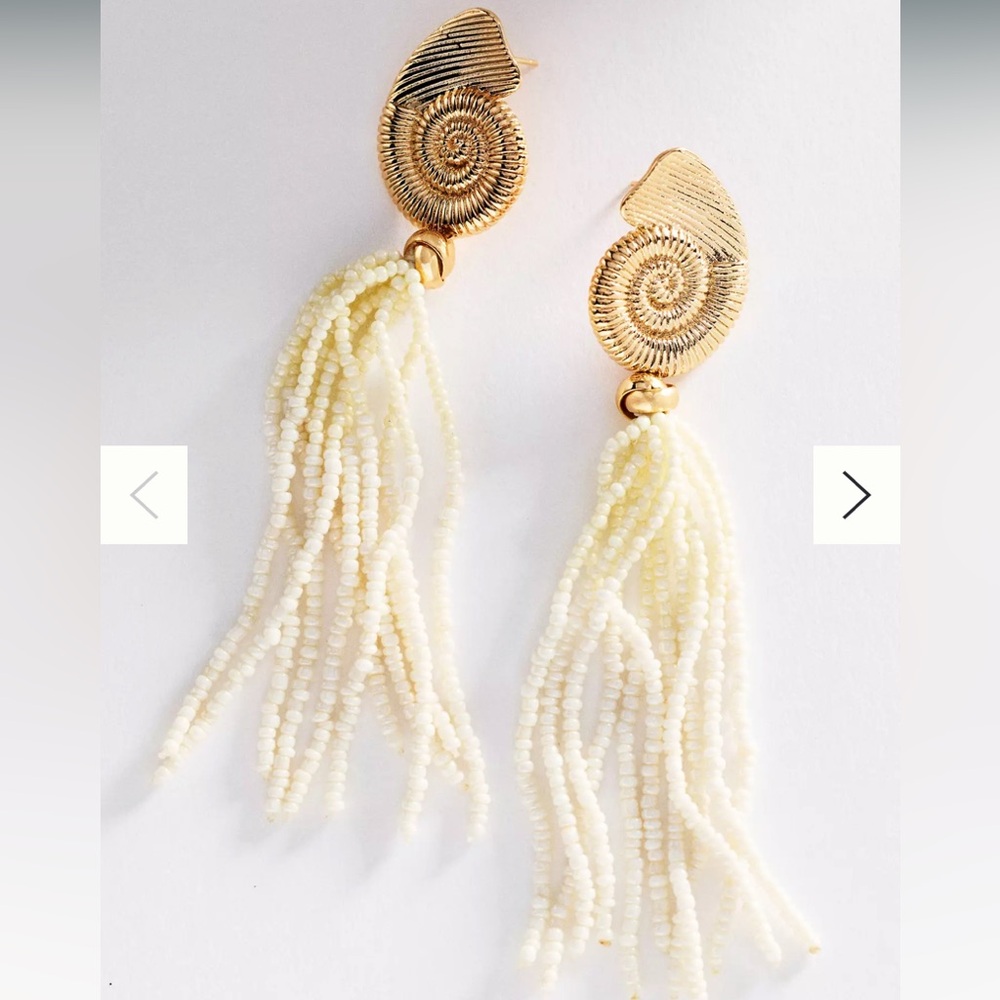 Anthropologie Gold Spiral Top White Beaded Shell Tassel Drop earrings 4” L
